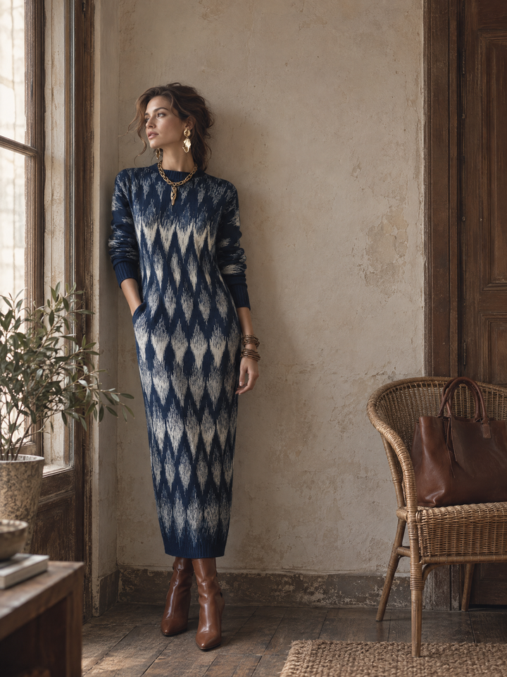 Artistic Navy Abstract Knit Maxi Dress