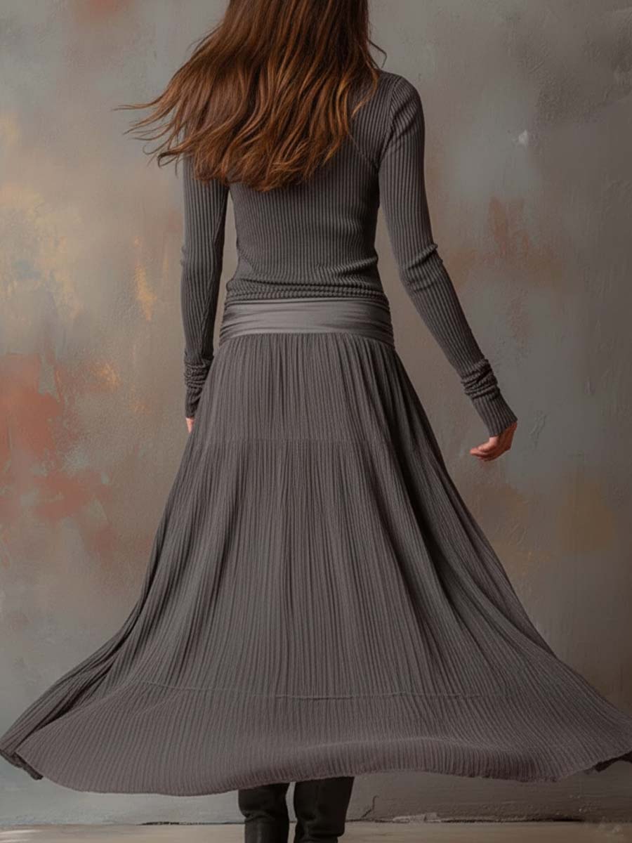 Charcoal Grey Vintage Ribbed Knit Long Dress