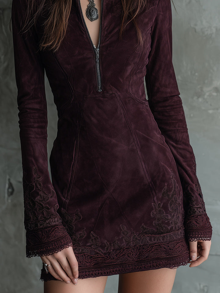 Vintage-Inspired Suede Mini Dress Featuring Embroidered Lace Accents