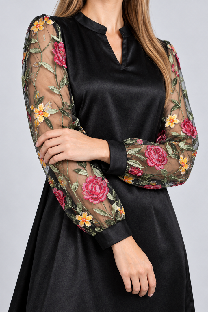 Božena | Black Midi Dress Featuring Floral Sleeves