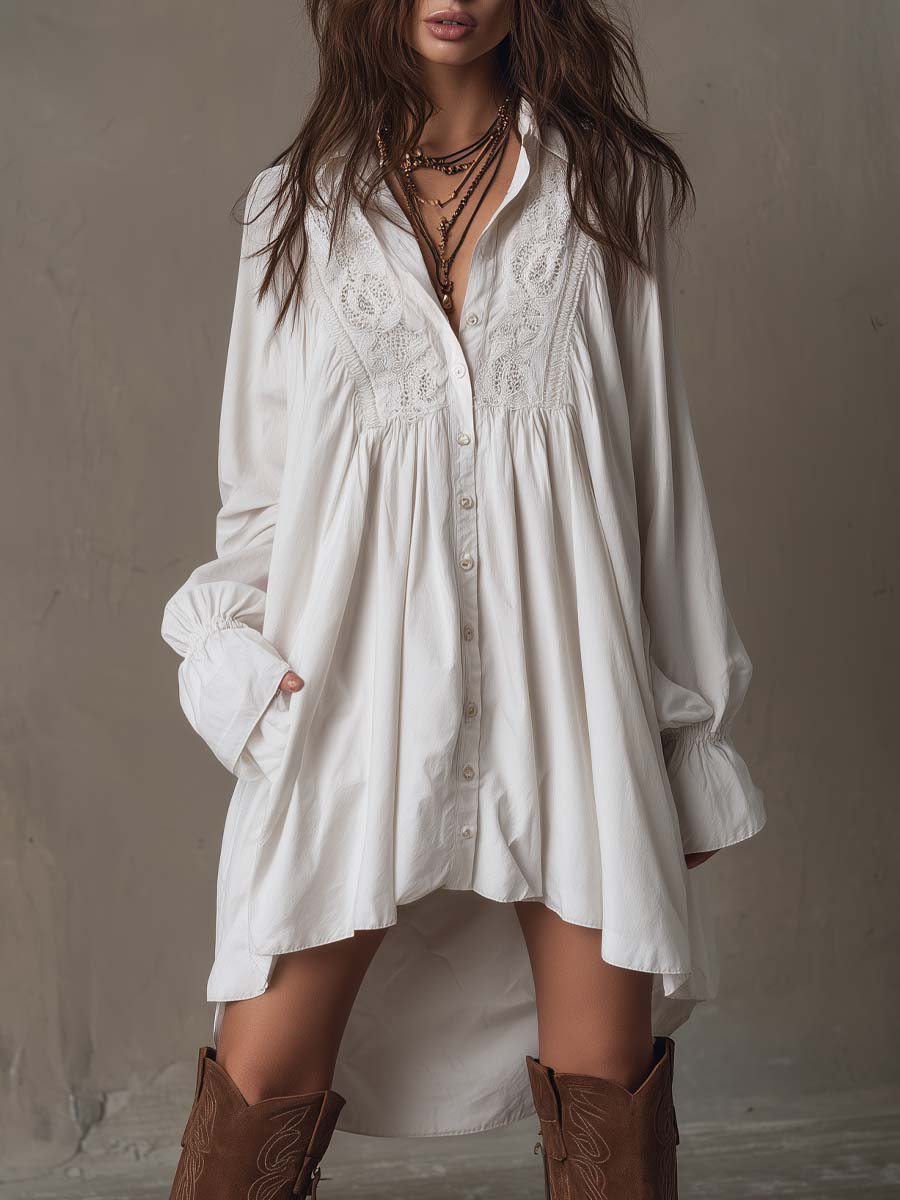 Long Sleeve Mini Dress with Vintage Lace and Asymmetrical Design