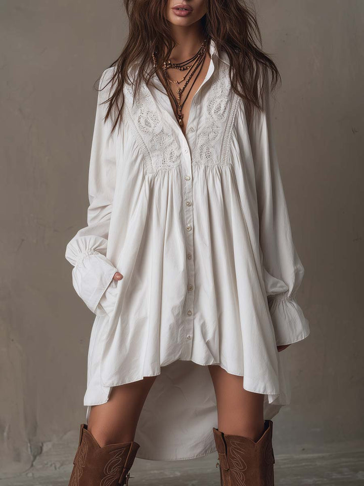 Long Sleeve Mini Dress with Vintage Lace and Asymmetrical Design