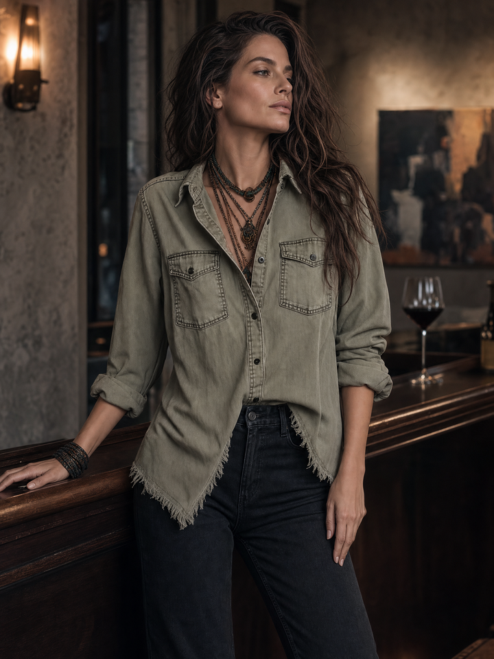 Retro Long Sleeve Blouse with Pockets and Distressed Finish