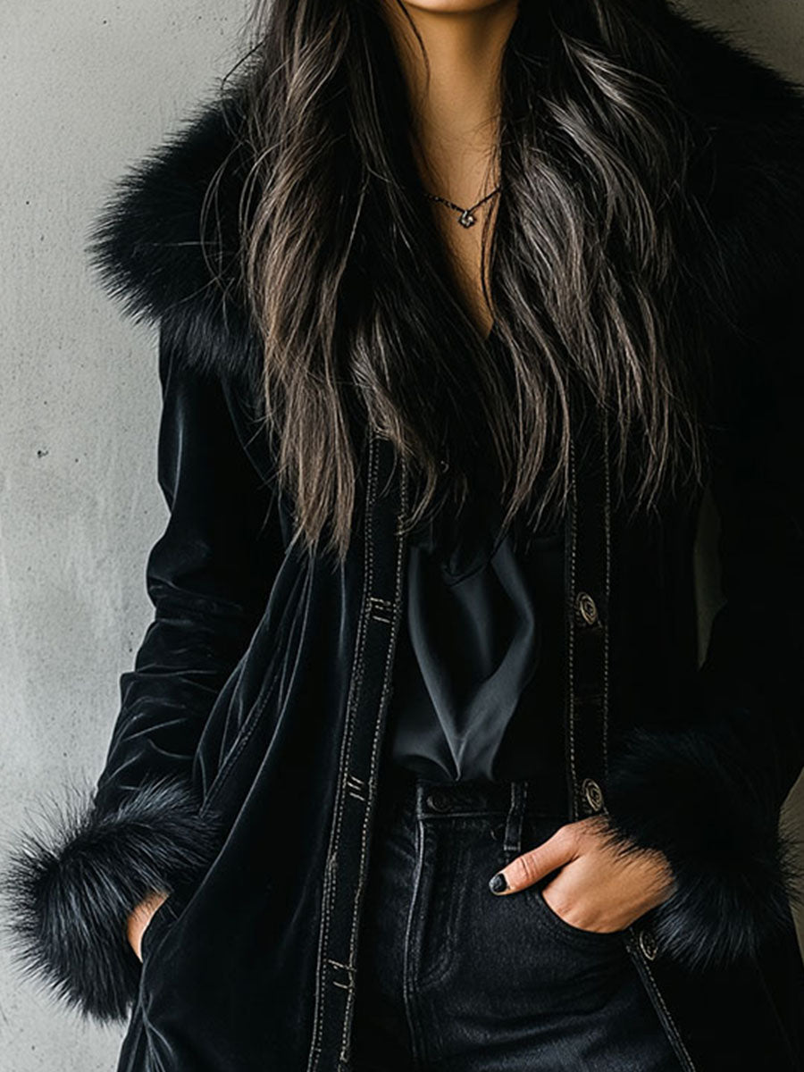 Chic Long Black Velvet Coat with Eco-Friendly Fur Trim on Collar and Sleeves