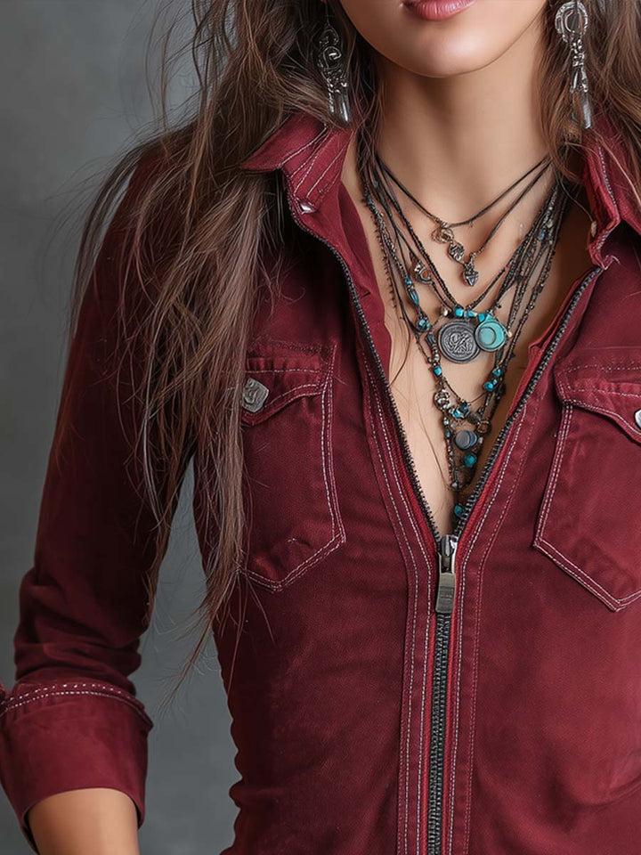 Retro Denim Shirt Featuring Zipper and Flash Pockets