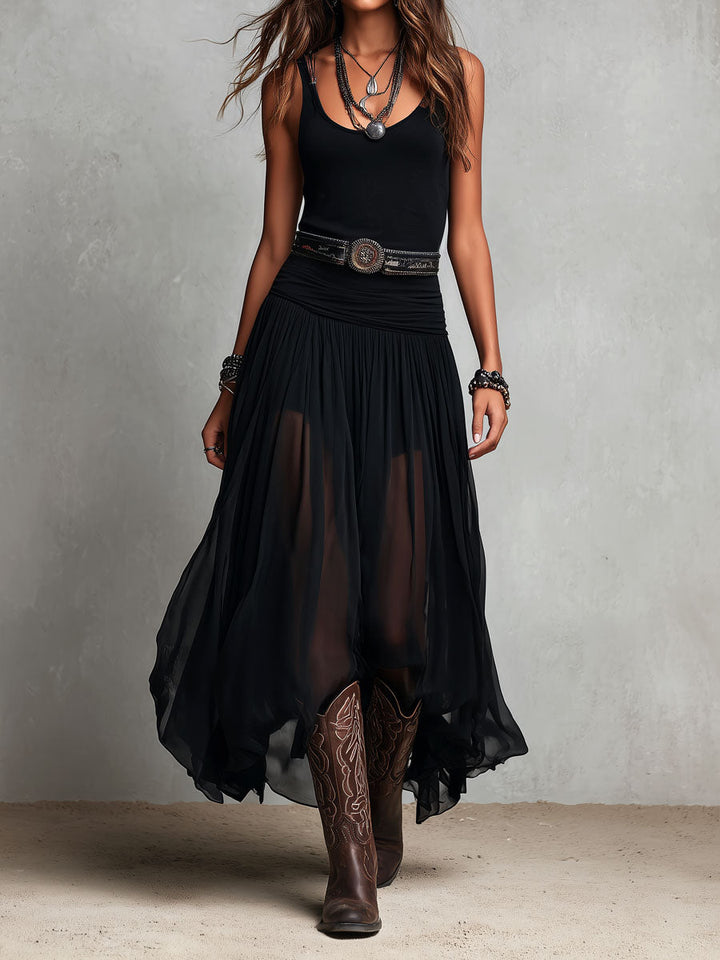 Black Bohemian Western Maxi Dress with Sheer Overlay