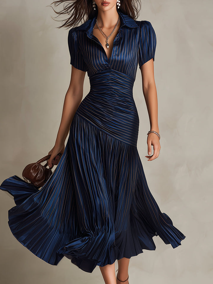 Vintage-Inspired Striped Satin Pleated Midi Bodycon Dress