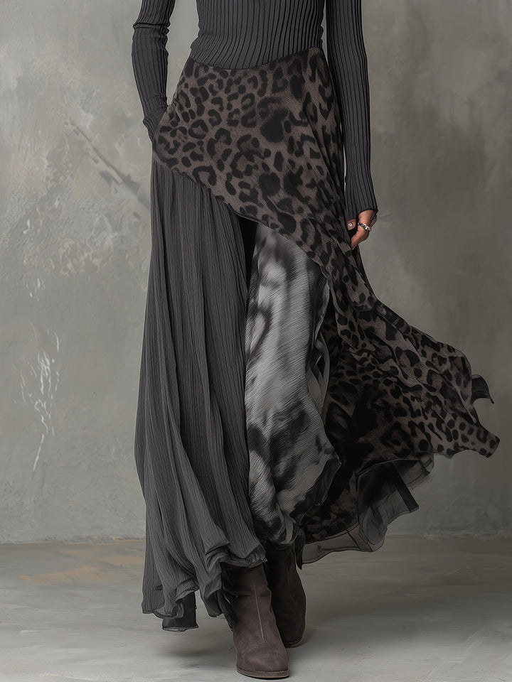 Leopard Print Long Dress with Asymmetrical Hemline