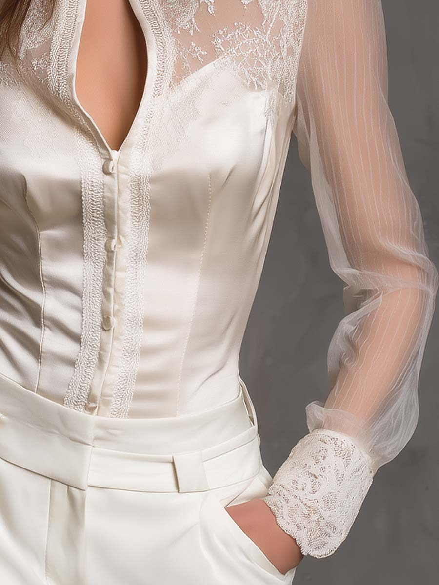 Elegant Satin Blouse with Lace and Sheer Sleeves