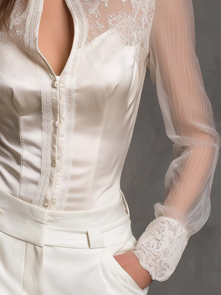 Elegant Satin Blouse with Lace and Sheer Sleeves