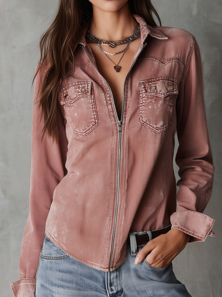 West Soft Blush Pink Denim Zip-Up Top