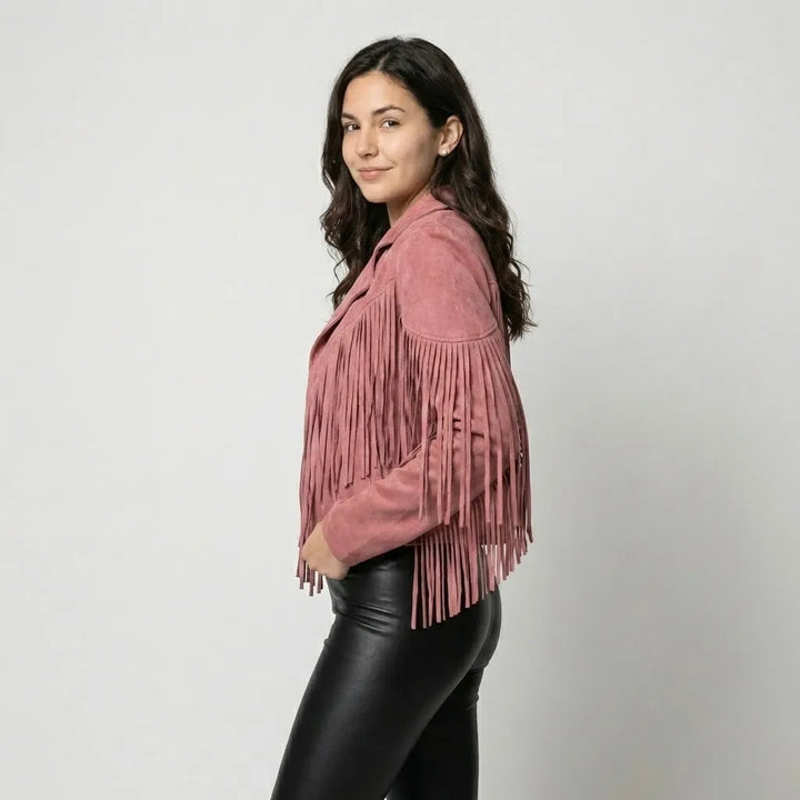 Boho-Inspired Short Jacket with Suede Finish and Fringe Details
