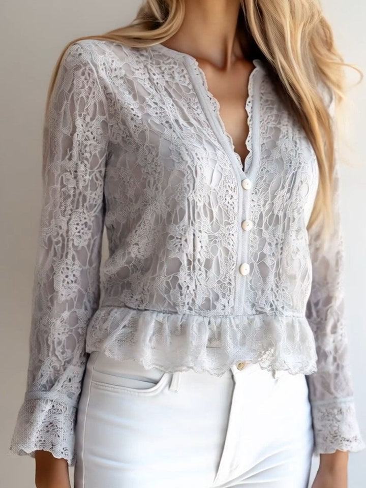 Contemporary V-Neck Shirt with Button Details and Long Lace Sleeves