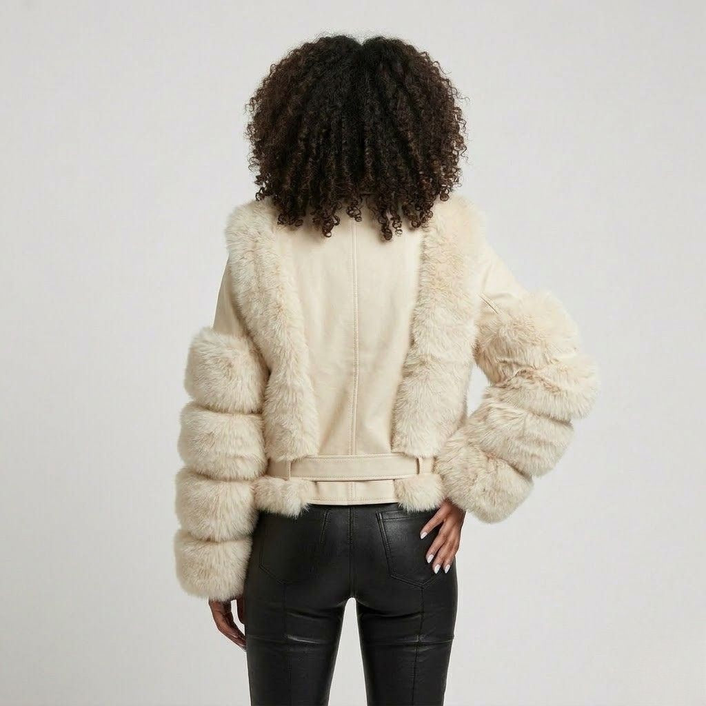Tailored Biker Jacket Crafted from a Polyester-Acrylic Blend with a Bold Wide Collar