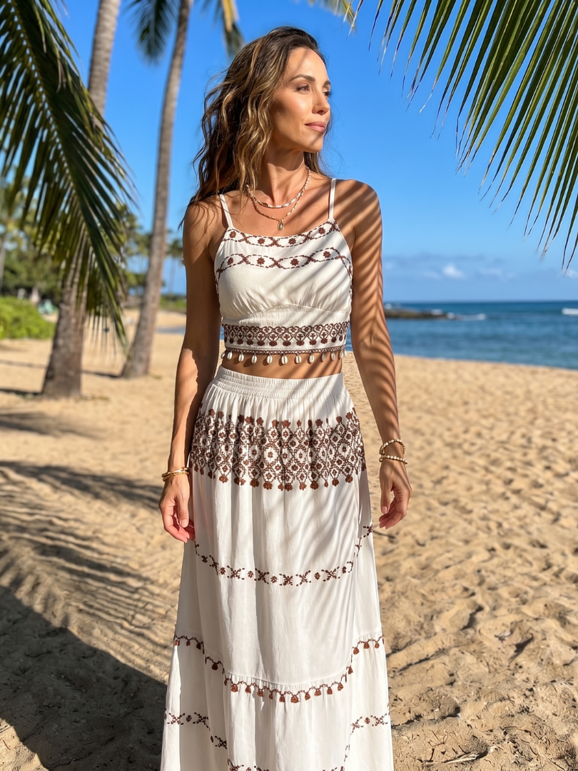 Silon | Midi Dress with Spaghetti Straps and Embroidered Details