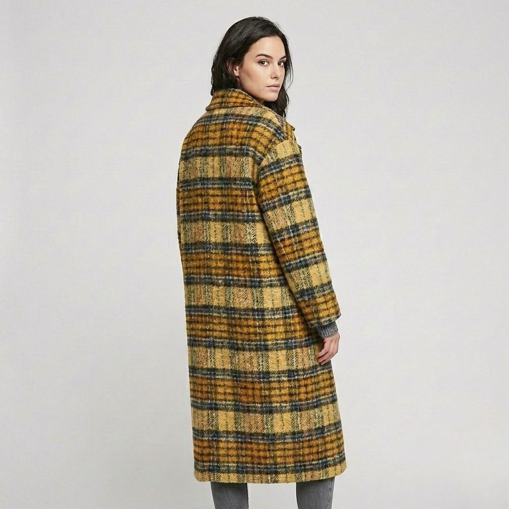 Straight-Cut Long Wool Coat with Unique Checked Design