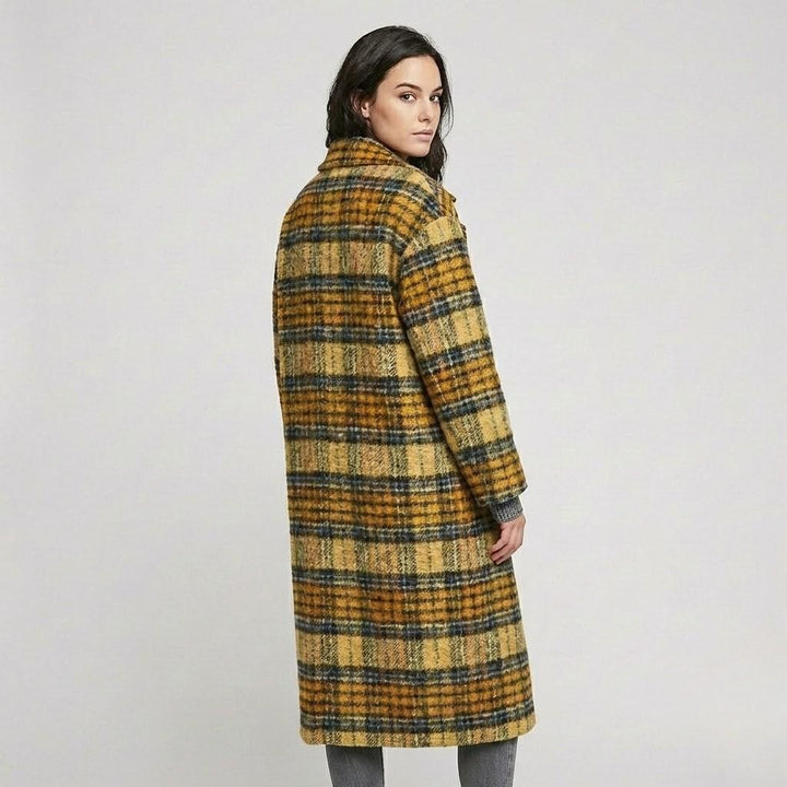 Straight-Cut Long Wool Coat with Unique Checked Design