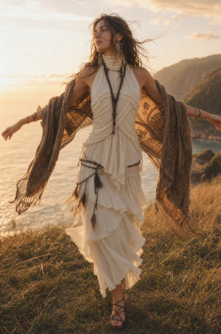 Chic Bohemian Pleated Blouse with Scoop Neck