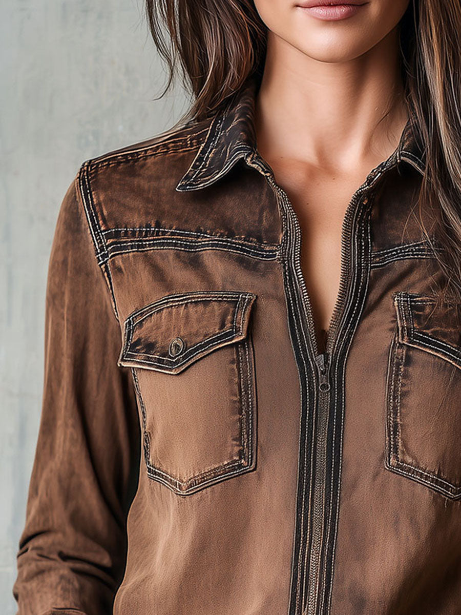 Retro Brown Jacket with Contrasting Stitch Details
