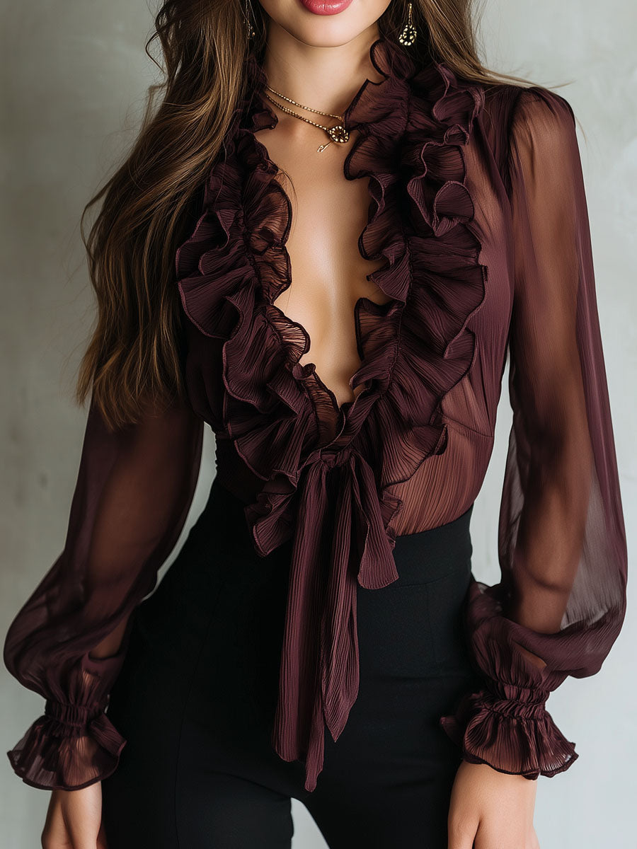 Vintage-Inspired Sheer Blouse with Pleated Details and Front Tie