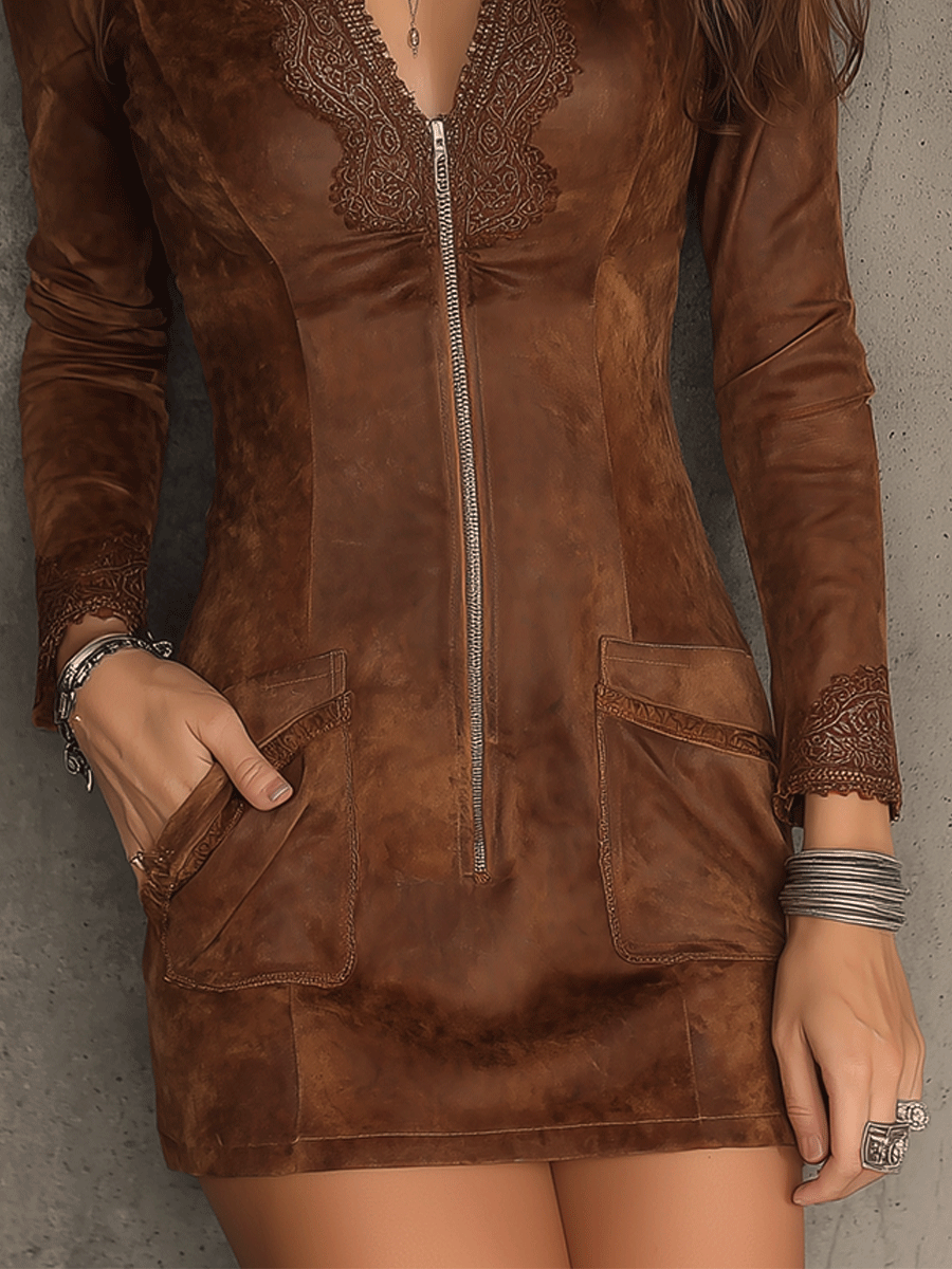 Retro Caramel Brown Suede Dress Featuring Lace and Zip Details