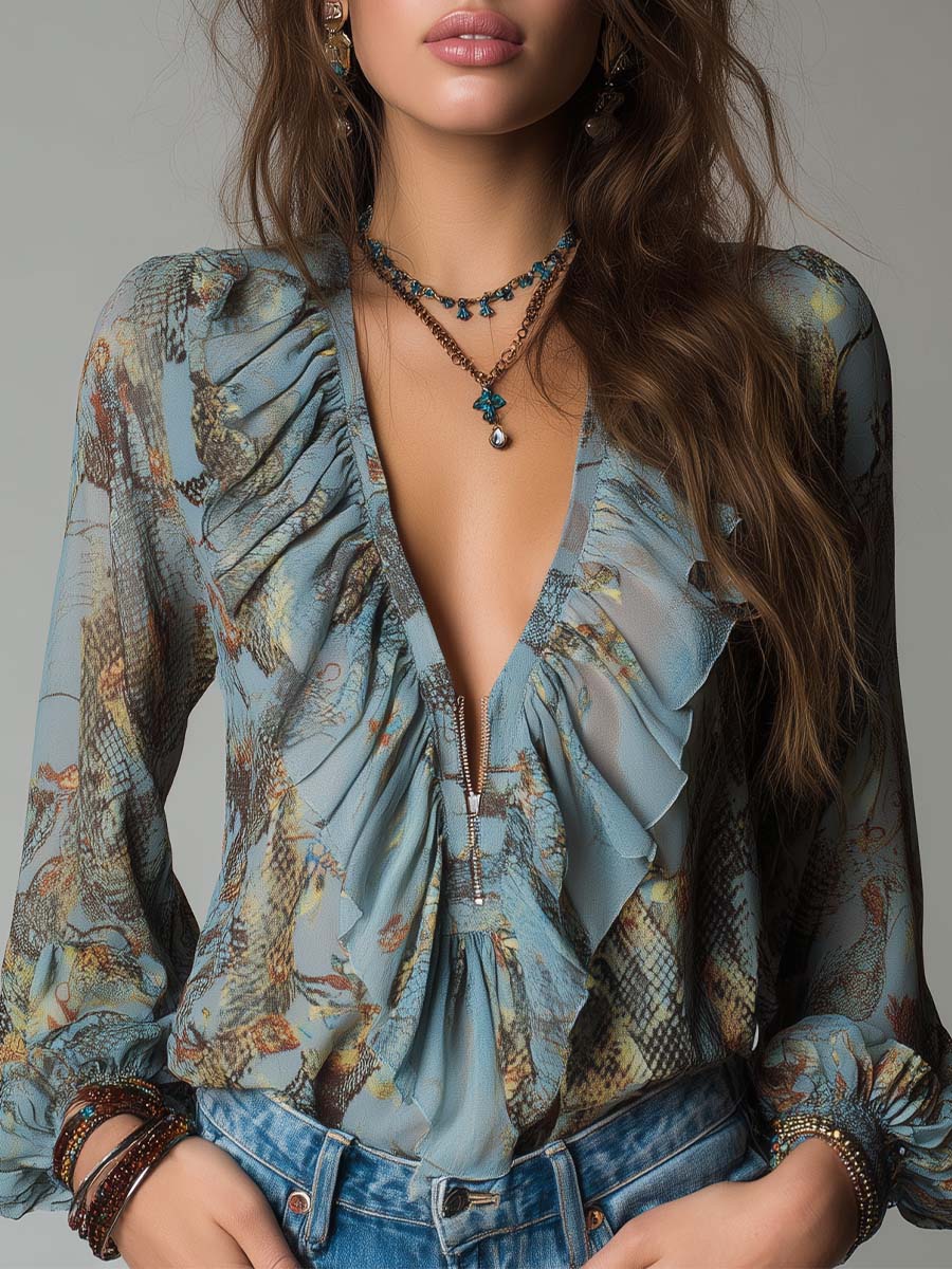Blue Mist Chiffon Blouse with Zip and Snake Flower Print