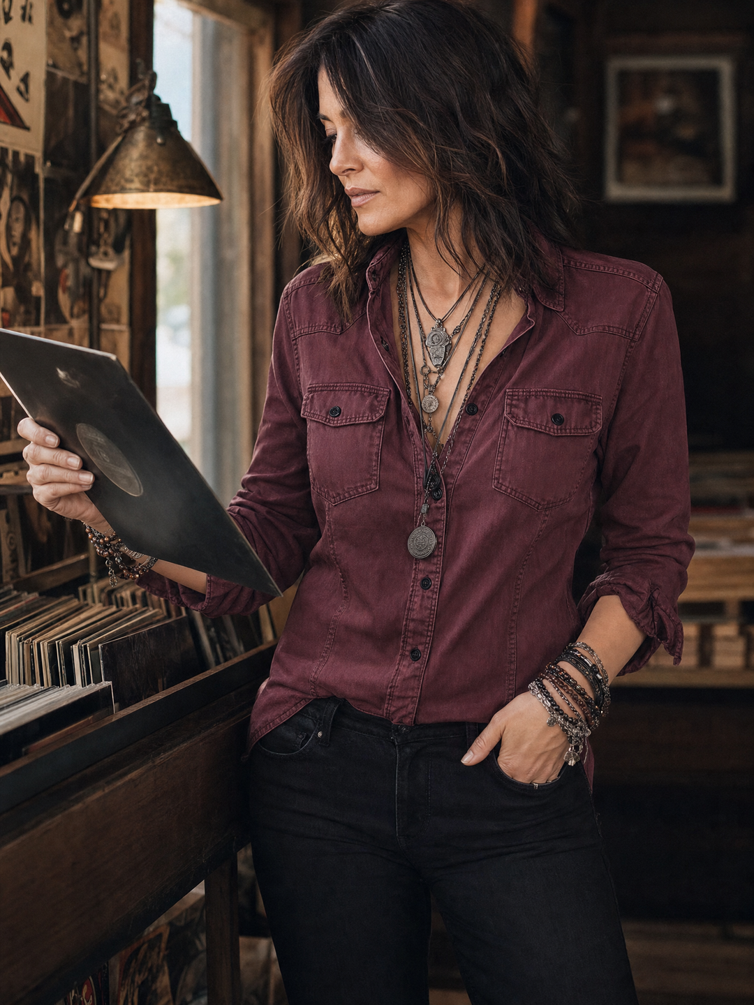 Vintage-Inspired Long Sleeve Denim Shirt with Chest Pocket