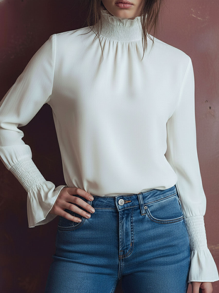 Chic High-Neck White Blouse with Smyrna Cuffs