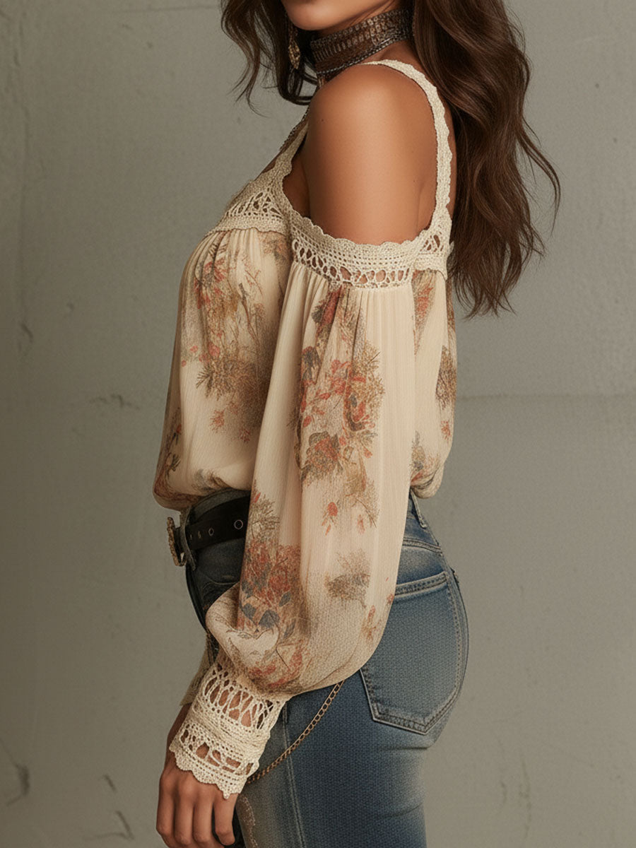 Retro Bohemian Floral Blouse with Lace Details and Off-Shoulder Design