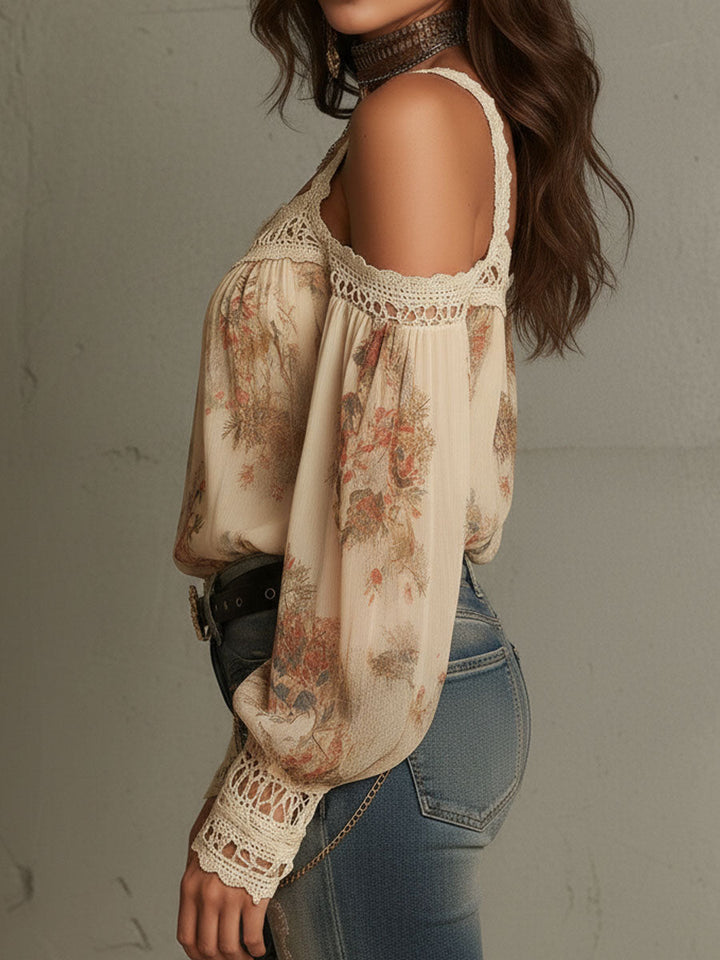 Retro Bohemian Floral Blouse with Lace Details and Off-Shoulder Design