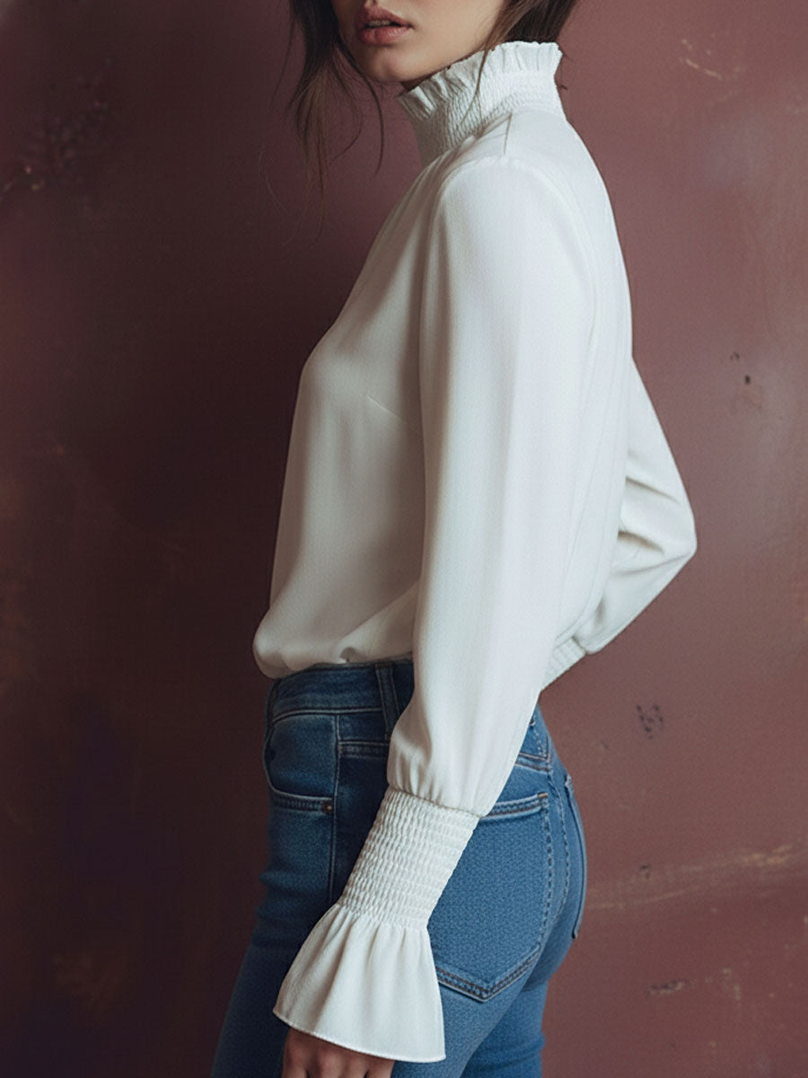 Chic High-Neck White Blouse with Smyrna Cuffs