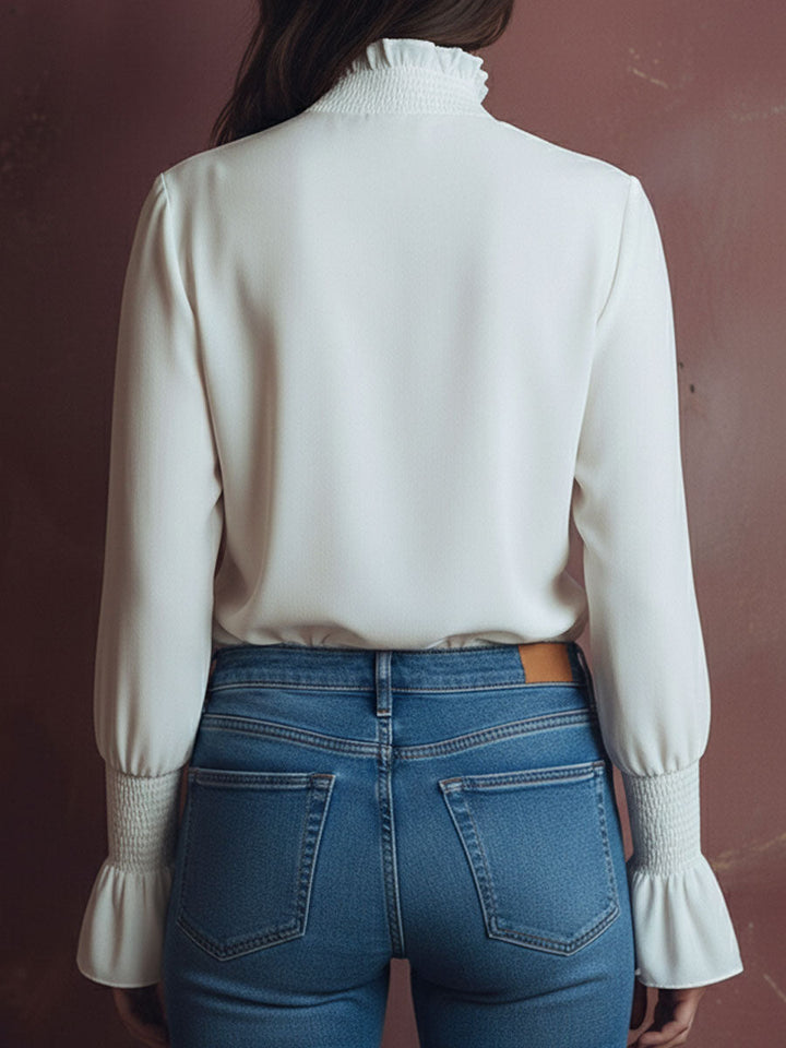 Chic High-Neck White Blouse with Smyrna Cuffs