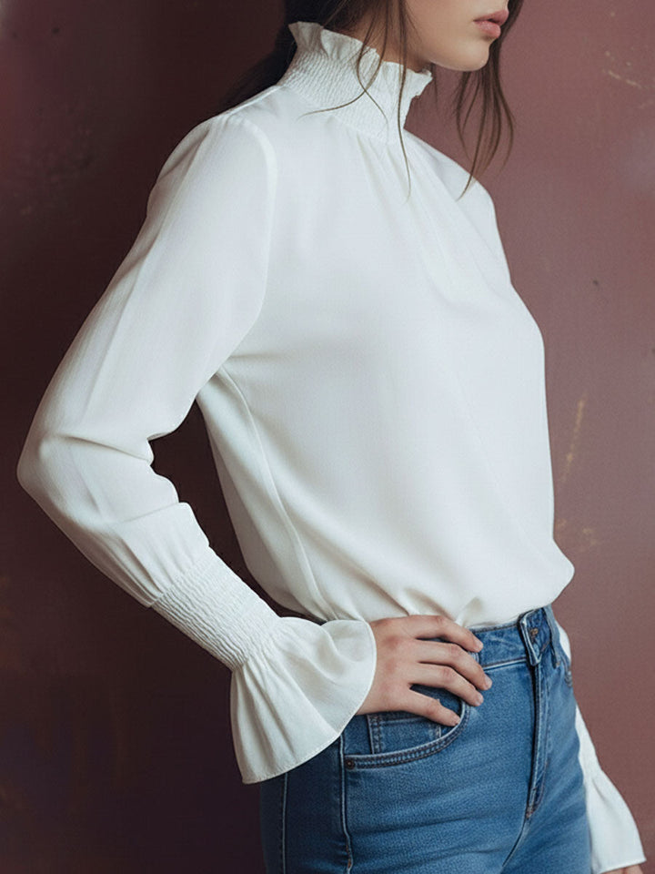 Chic High-Neck White Blouse with Smyrna Cuffs
