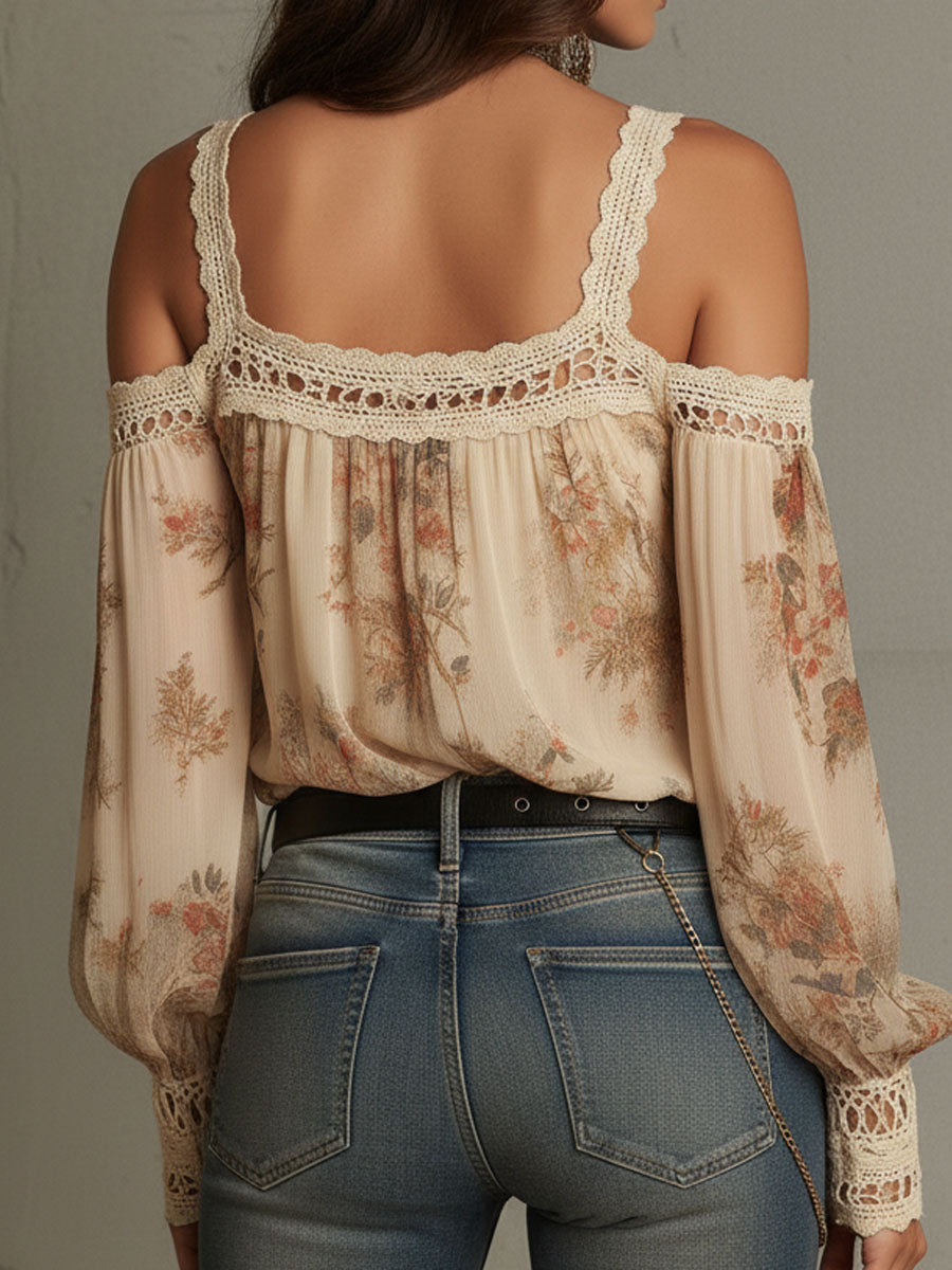 Retro Bohemian Floral Blouse with Lace Details and Off-Shoulder Design