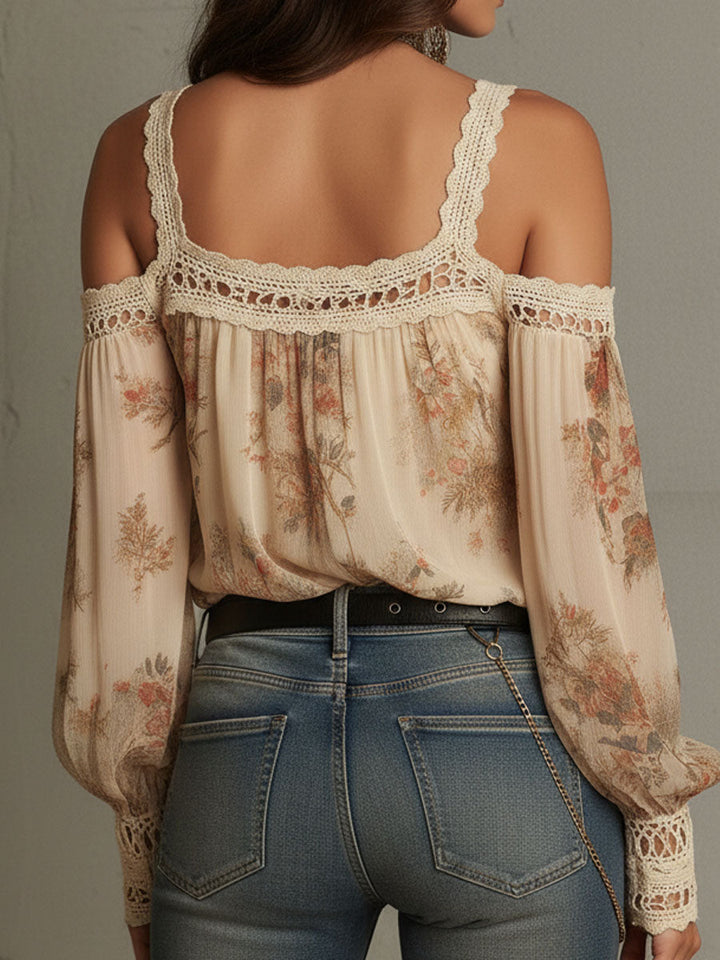 Retro Bohemian Floral Blouse with Lace Details and Off-Shoulder Design