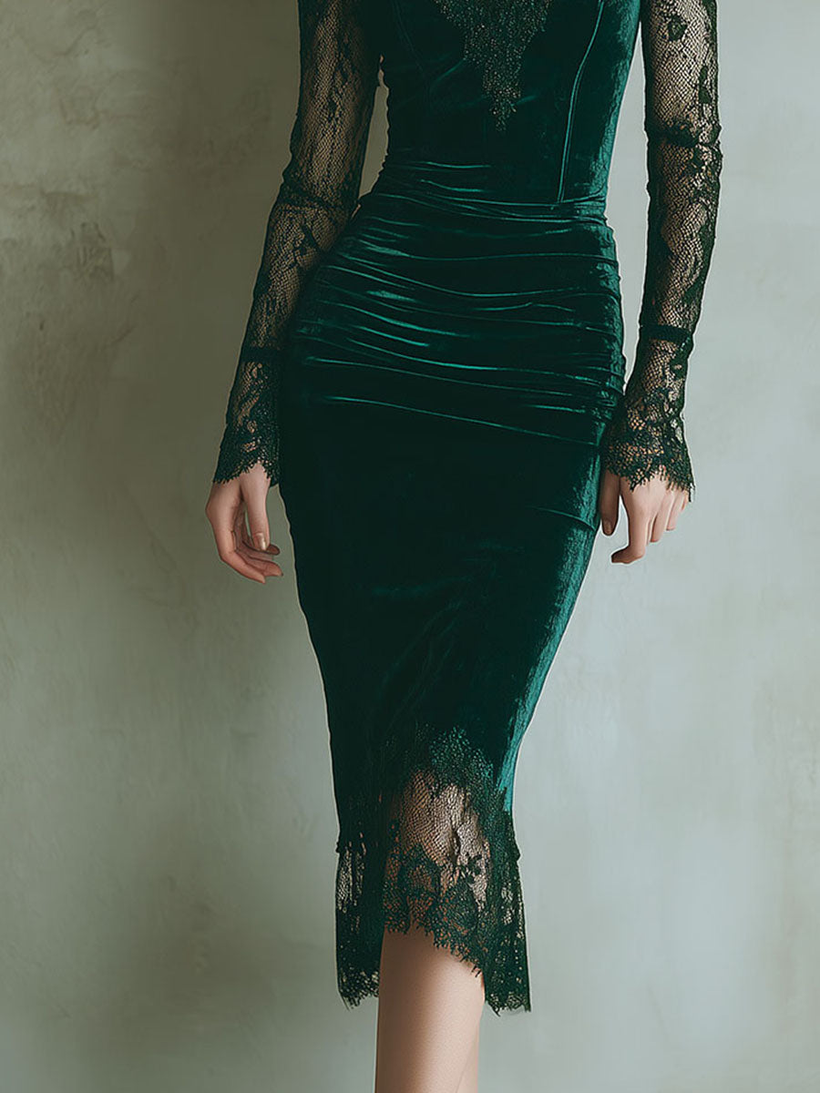 Chic Green Velvet Midi Dress with Lace Accents and Long Sleeves