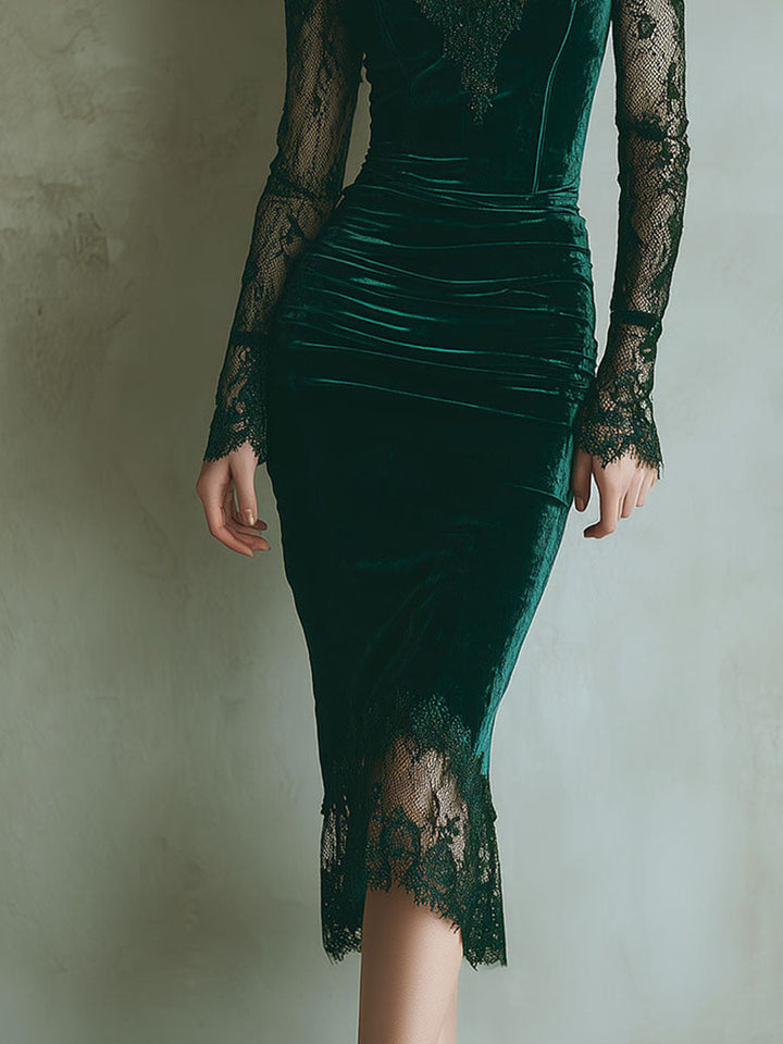 Chic Green Velvet Midi Dress with Lace Accents and Long Sleeves