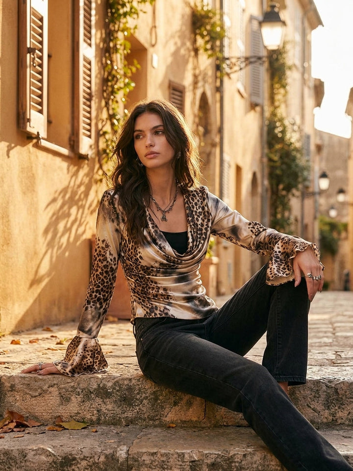 Retro Leopard Print Satin Shirt with Bell Neckline