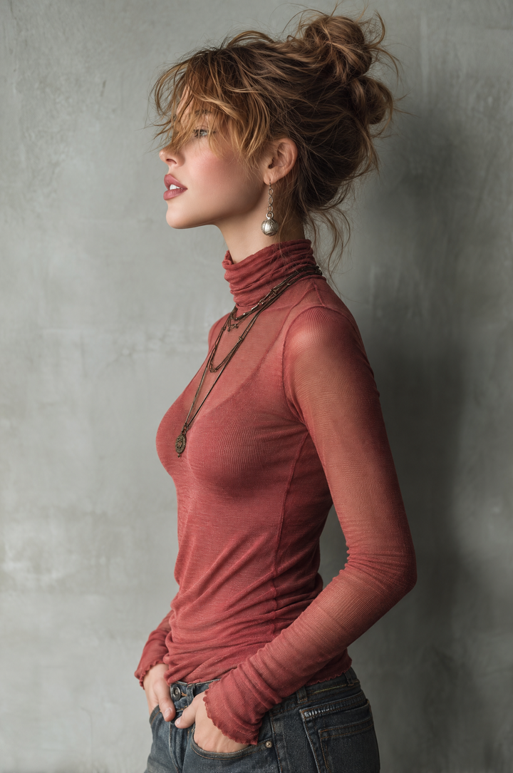 Vintage Raspberry High Neck Sheer Knit Short Sleeve Top