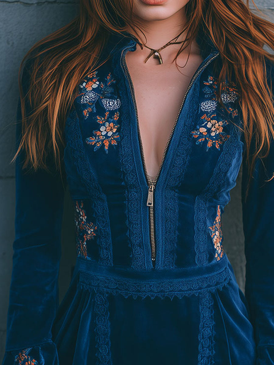 Blue Velvet Bohemian Mini Dress with Zipper and Lace Details