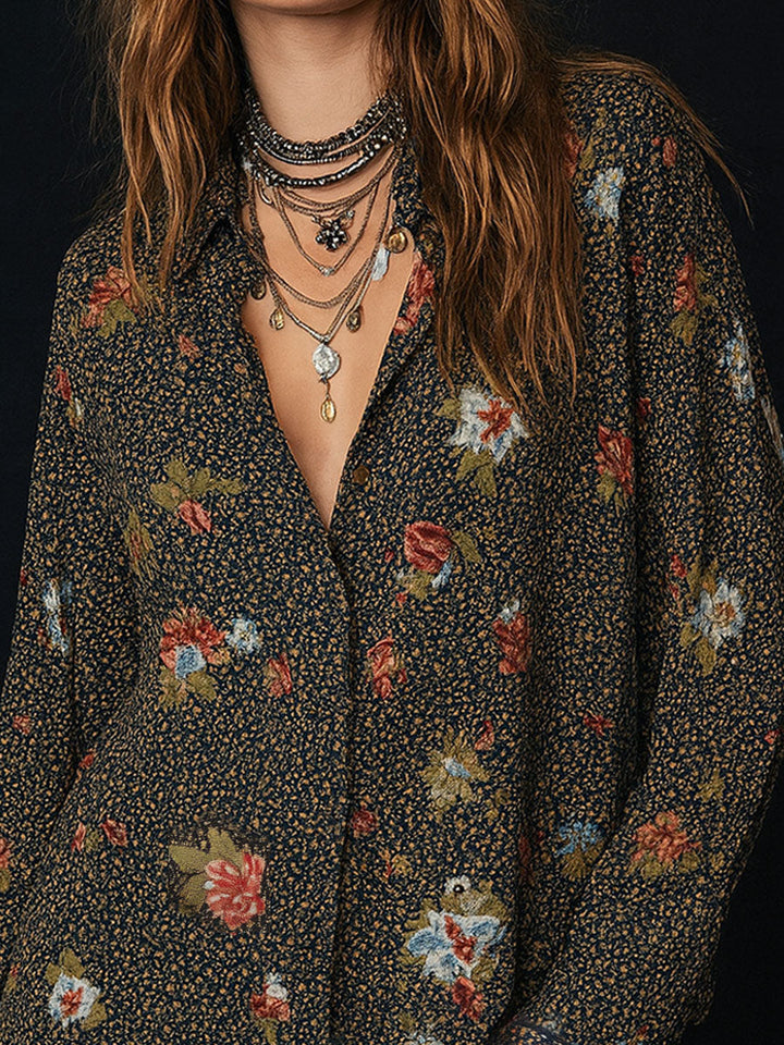 Vintage Floral Tee with Curved Hem and Stitched Sleeves