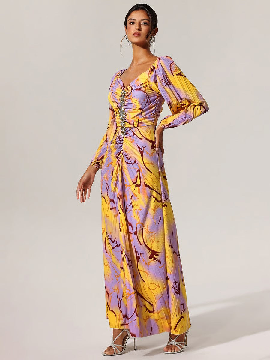 Dorina | Elegant Floral Maxi Dress with Plunging Neckline