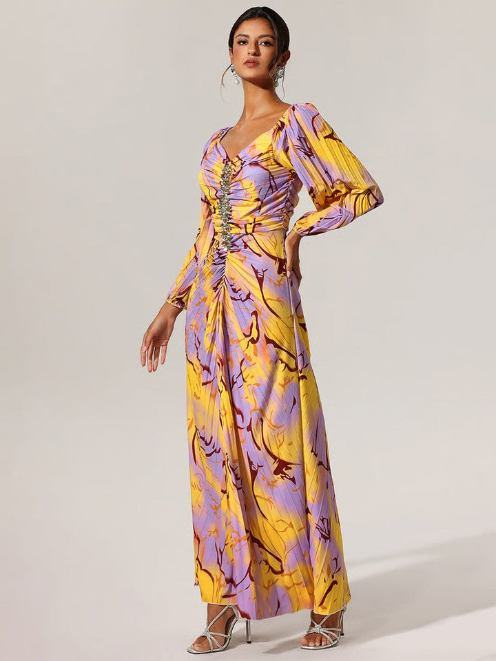 Dorina | Elegant Floral Maxi Dress with Plunging Neckline
