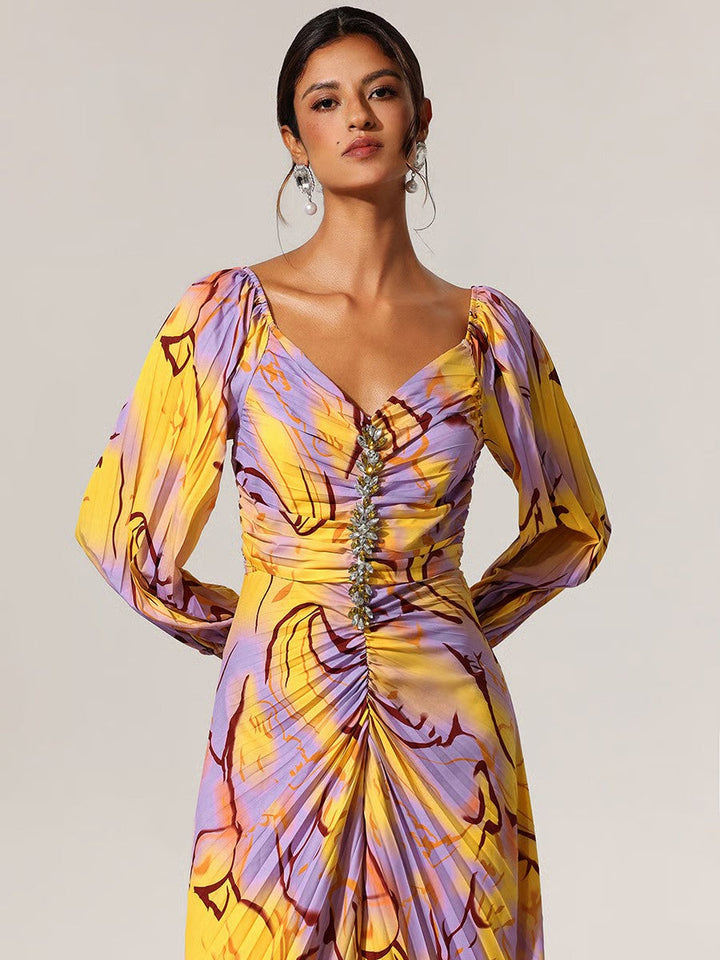 Dorina | Elegant Floral Maxi Dress with Plunging Neckline