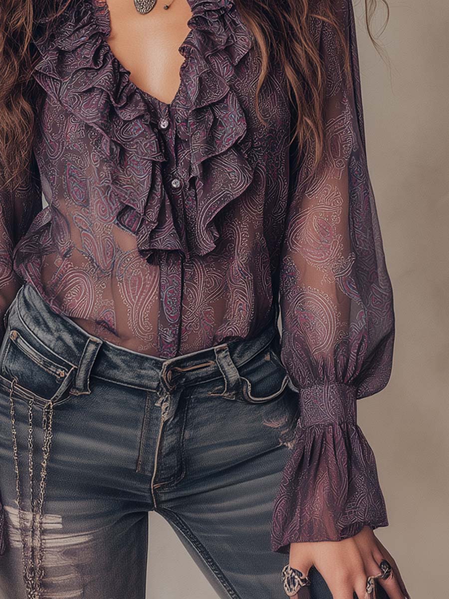 Vintage-Inspired Paisley Chiffon Blouse with Ruffled Collar