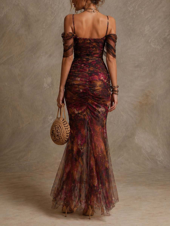 Vintage Floral Off-Shoulder Ruched Mesh Mermaid Maxi Gown