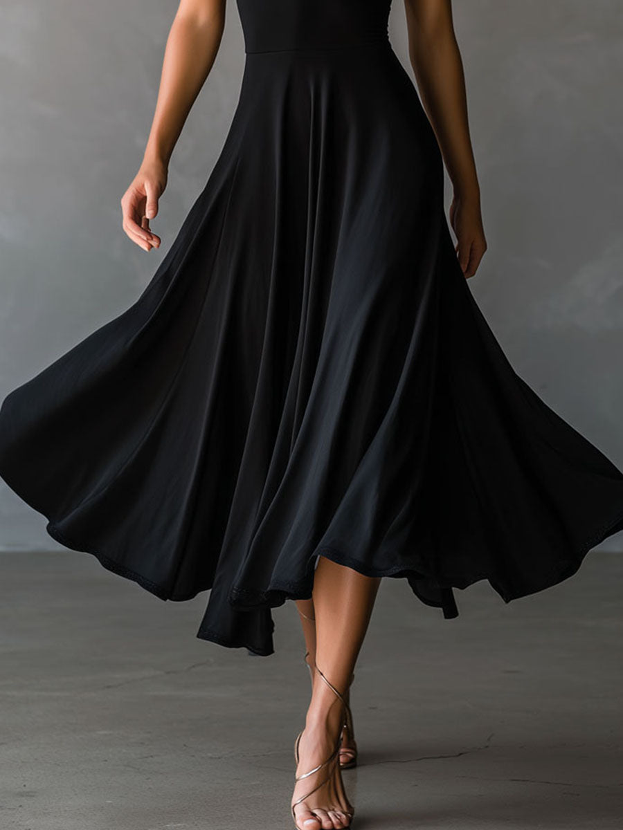 Vintage-Inspired Black Midi Dress with Neck Tie