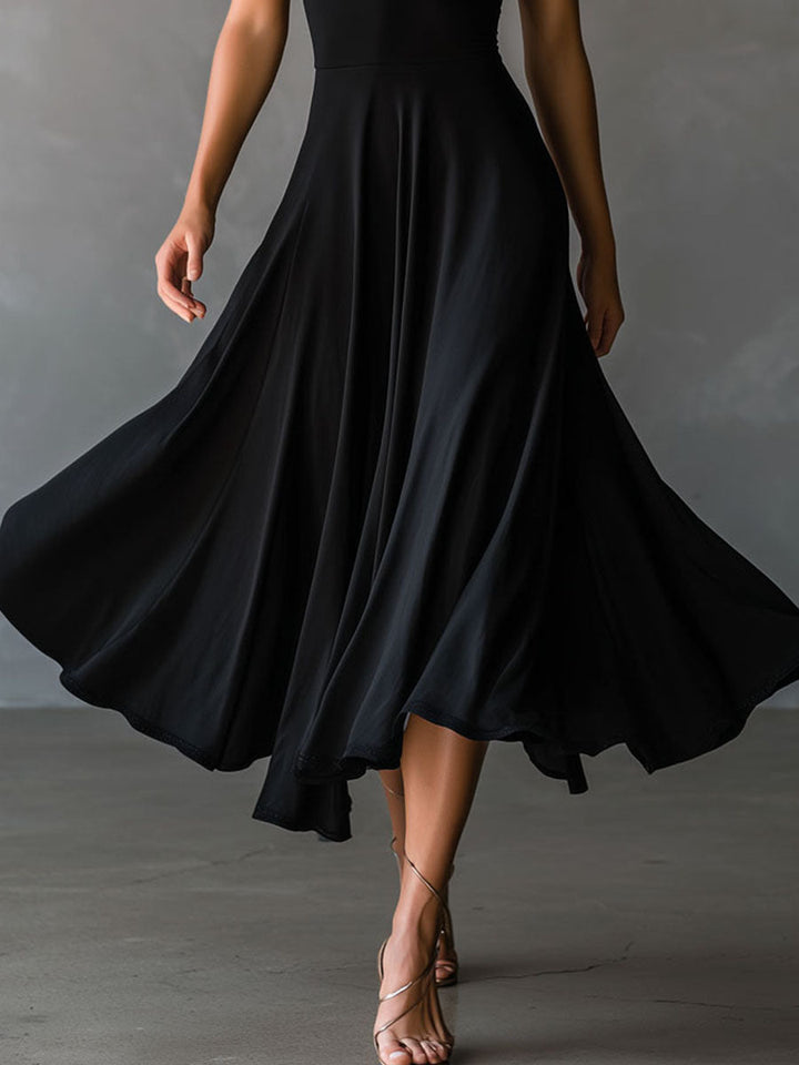 Vintage-Inspired Black Midi Dress with Neck Tie