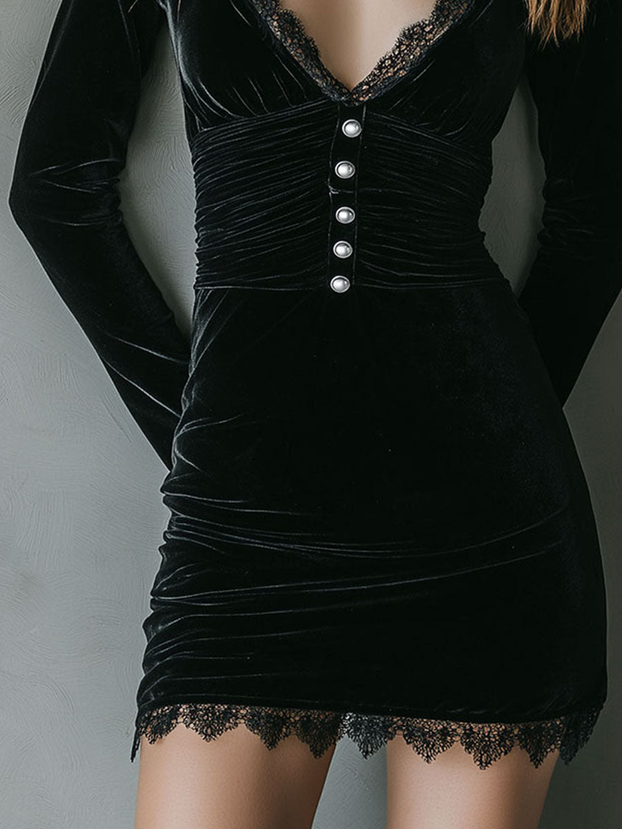 Chic Black Velvet Lace-Trim Mini Dress