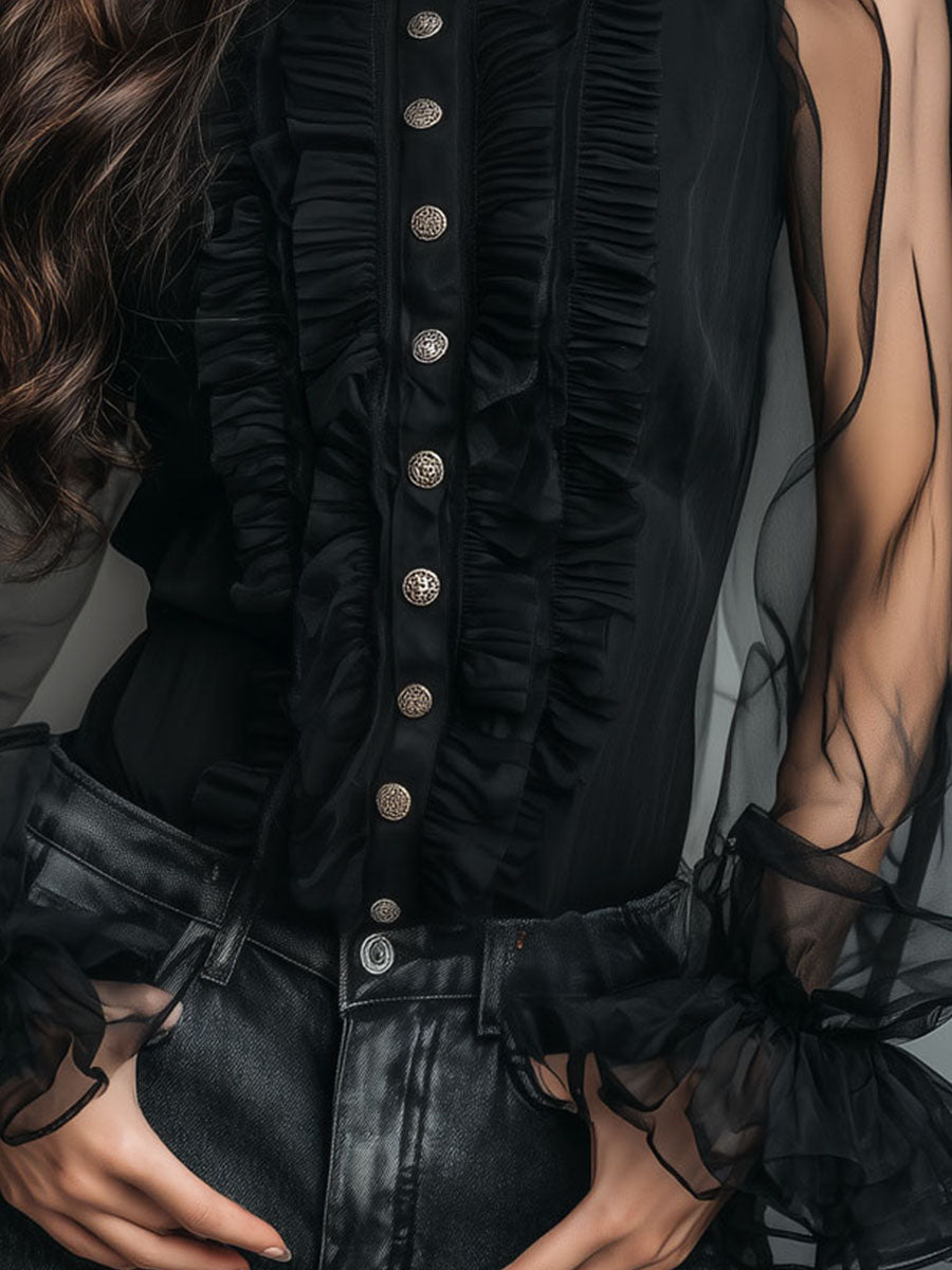 Classic Black Sheer Organza Blouse with High Neck and Tailored Fit